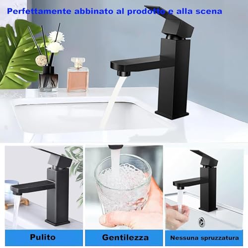 XWIHTR miscelatore bagno caldo e freddo in acciaio inox con cursore silenzioso in ceramica, monocomando, miscelatore a risparmio d'acqua per lavello per bagni, lavabi, piccole cucine, etc. (nero-h)