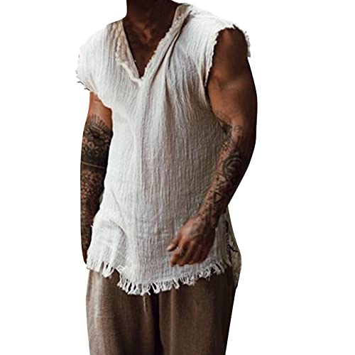 Camiseta sin mangas desgastada para hombre, estilo vintage, plisada, ligera, transpirable, básica, para salir de calle, blanco, XL