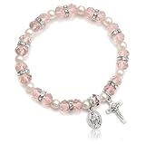 JIRVEX 1x Pulsera de Regalo para Primera Comunión de Niña con Cruz y Perlas Rosas, Joya de Comunión para Hija, Ahijada, Hermana, Nieta
