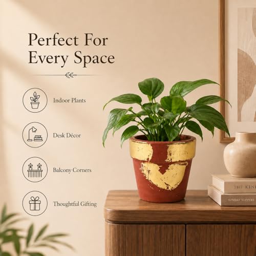 Image of Habere India-All the Cultures Fabricating India Hand Painted Terracotta Planter | Red & Golden Indoor Plant Pot | Breathable Clay Pot with Drainage Hole (Golden: L12.5 x W12.5 x H11 cm)