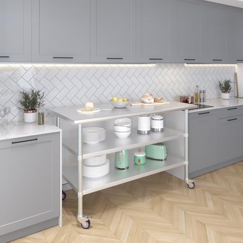 Image of AmGood Stainless Steel Work Table with 2 Shelves and Casters | Metal Utility Table On Wheels (Stainless Steel Work Table with 2 Shelves + Casters, 60 inch Long x 30 inch Deep)