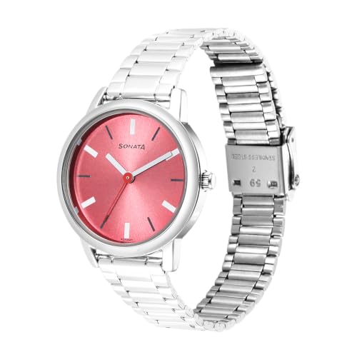 Image of Sonata Plain 3 Hands Metal Pink Round Dial Steel Colour Stainless Steel Strap Womens Watch - 8172SM06