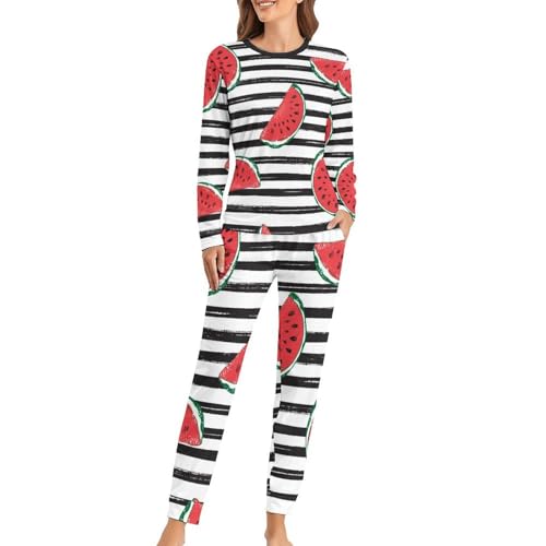 Pyjama femme pastèque rouge régulateur de chaleur t-shirt manches longues pantalon coton respirant