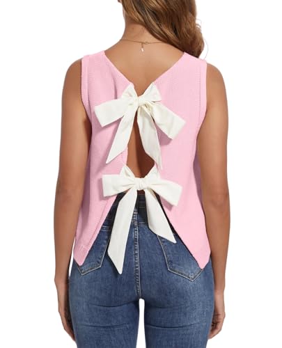 Tanou Women's 2025 Fall Casual Loose Tank Tops Open Back Bow Tie Knit Sleeveless Sweater Vest3