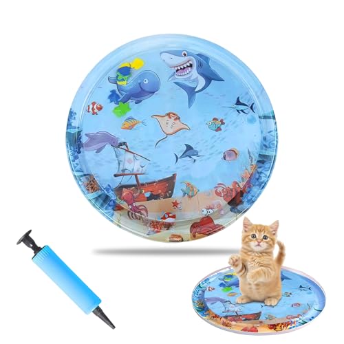 LQTSLFM Sensorische Wassermatte Katze Sommer Wasserspielmatte Katzen mit Schwimmfischen Interaktive Spielmatte für Katzen Sommer Water Mat für Katzen Hunde (65cm-Farbe A)