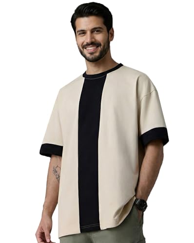 Image of Men T-Shirt, Two-Tone Ribbed Round Neck, Casual Half Sleeve Tshirts for Mens