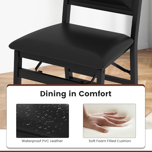 Image of Giantex Folding Dining Chairs Set of 2, Black Wood Kitchen Chair w /Padded Seat, Solid Wood Frame, Max Load 400 Lbs, No Assembly, Easy to Store Foldable Wooden Dining Chairs for Apartment, Small Space