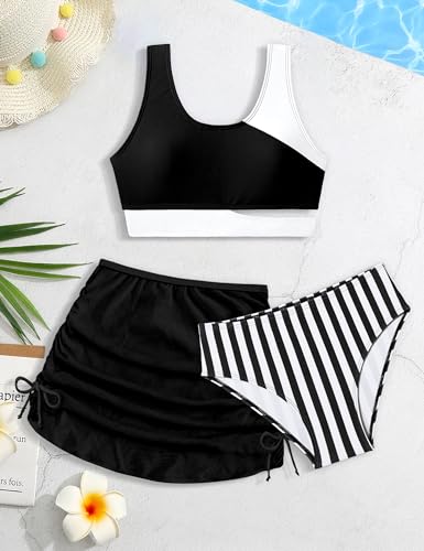 Girls Swimsuit Stripe Bathing Suit Color Block Sporty Bikini Swimsuits Swim Cover Up Skirt 3 Piece Set4