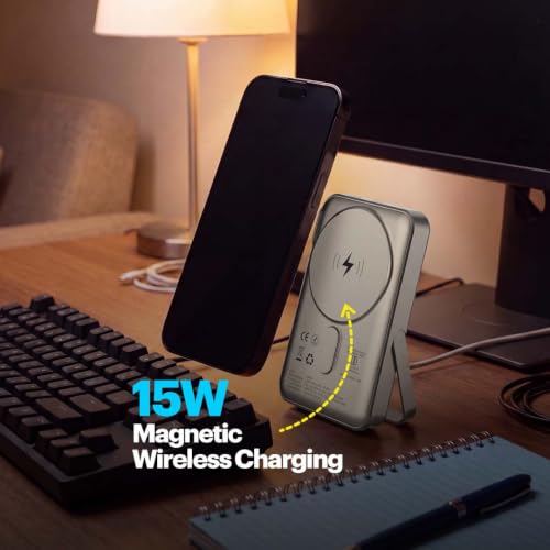 Image of Stuffcool Click+ 10000mAh Magnetic Wireless Power Bank with Built-in Stand, Up to 15W Magnetic Wireless Charging, 20W PD Fast Charging, Digital Battery Display, BIS Certified, Made in India (Titanium)