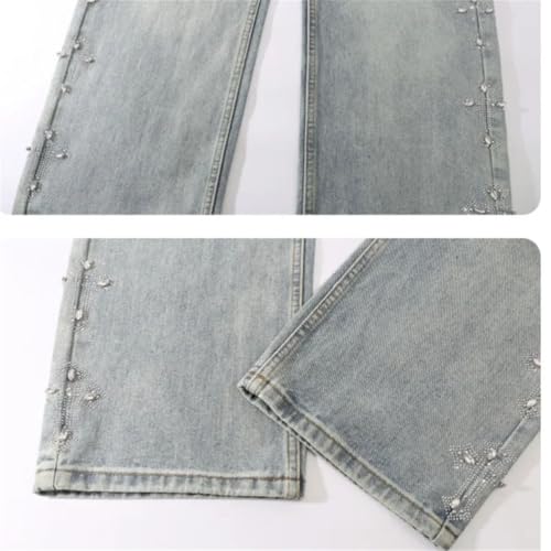 Men’s Niche Trendy Light Blue Loose Washed Jeans, Casual Heat-Melting Rhinestone Design Denim Pants4
