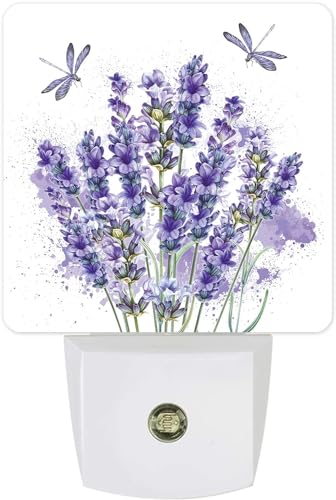 Image of Purple Lavender Plug-in LED Night Light,Purple Dragonfly Nature Angel Auto Dusk to Dawn Sensor Nightlights Plug into Wall,White Energy Efficient Night light for Bedroom,Bathroom,Kitchen,Stairs,Hallway