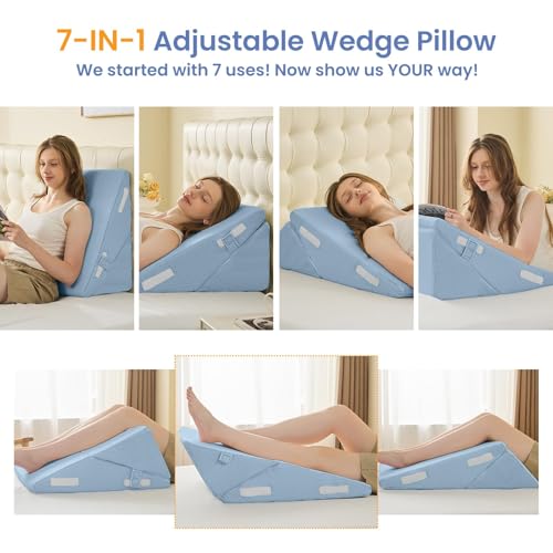 Image of Sasttie Wedge Pillow for After Surgery, Adjustable Bed Wedge Pillow Headboard for Acid Reflux, Sleeping, Neck & Back Support, with Removable Cover, Blue