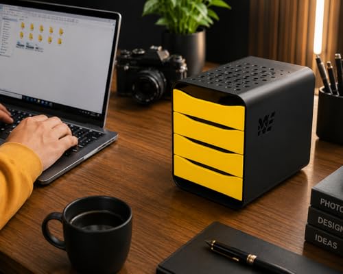 Image of 4 Tray Storage Box for 2.5 inch HDD /SSD Stacker Enclosure | External SATA Hard Drive Dock | Stackable Shockproof HDD Caddy | RAID Storage Rack for Desktop Backup & Data Organization,ENCLOSURE ONLY(YELLOW)
