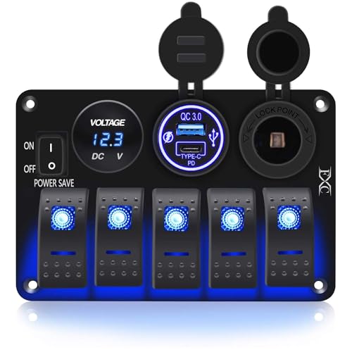 FXC Waterproof Rocker Switch Panel 5 Gang with 3.1A Dual USB Slot Socket + Cigarette Lighter +LED Voltmeter with Power Save for Car Rv Marine Boat Truck(5Gang Blue LED)