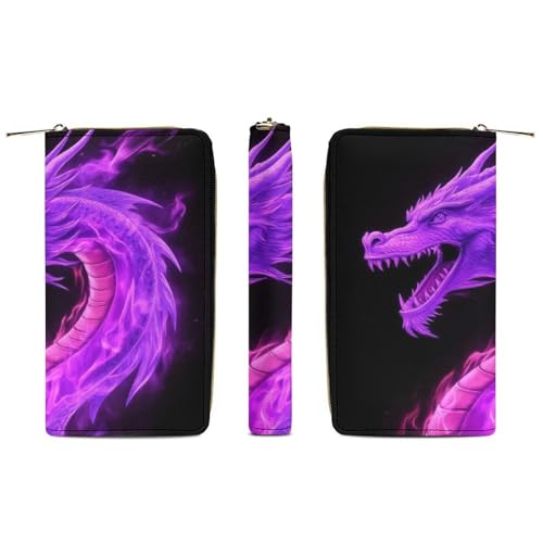 Girl's Long PU Wallet, Travel Purse Fashion Design, Huge Storage Capacity Purse, Cute Decor Zipper Wallet Purple Fire Dragon3