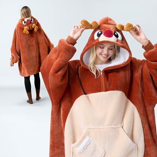 Image of Giggling Getup Wearable Blanket Hoodie for Women Men Sherpa Fleece Hooded Blanket Sweatshirt Warm Cozy Sherpa Wearable Throw Oversized Hoodie with Giant Pocket & Sleeves for Adult Christmas Reindeer