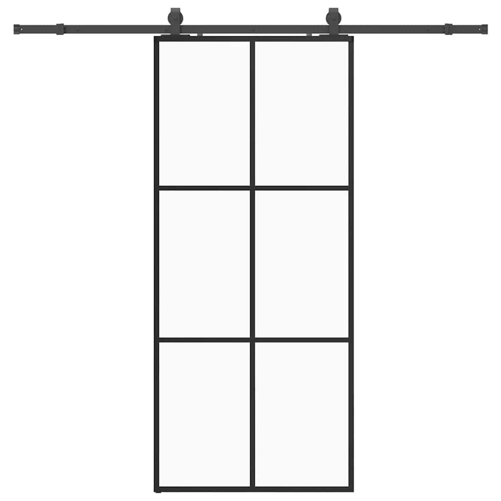 Sliding Door 90x205 cm Black with Hardware Set, ESG Glass Sliding Barn Door with Sturdy Steel Rails and Quiet Smooth