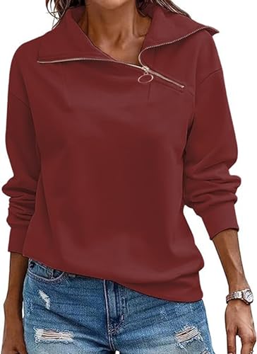 Cuptacc Sudadera Mujer Invierno Basica Color Puro Sudadera Mujer Sin Capucha Moda Cuello 1/4 Manga Larga Top Borgoña, Medium M 38-40