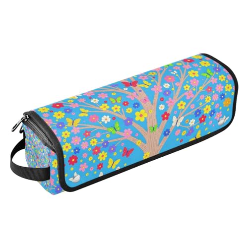 Bolsa de viaje para herramientas de cabello con estera resistente al calor, impermeable, organizador para planchas, rizadores y secadores, azul con diseño de mariposas, flores y árboles miniatura 1