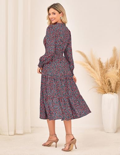 GRACE KARIN 2025 Women's Summer Floral Midi Dress Boho Long Sleeve V Neck Ruffle Casual A Line Flowy Dresses with Pocket3