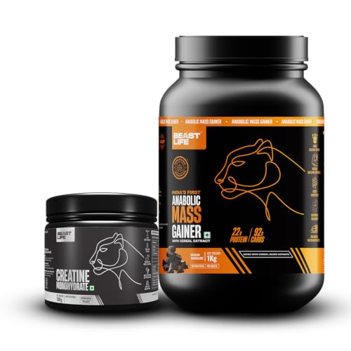 Image of BeastLife High Protein Mass /Weight Gainer with Creatine Monohydrate 100g | 1 KG | Belgian Chocolate | NABL LAB Tested | For Muscle Gain & Fast Growth