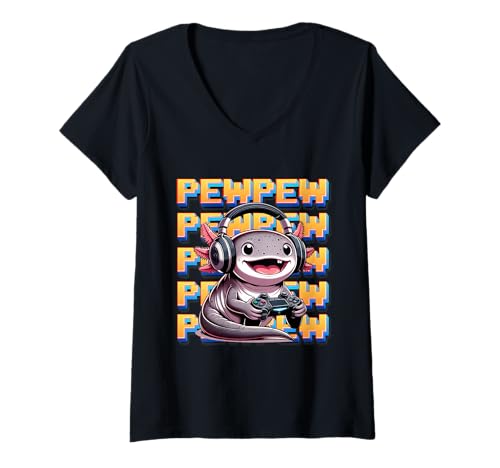 Mujer Cute Gaming Axolotl Pew Video Game Gráfico Hombres Niños Mujeres Camiseta Cuello V