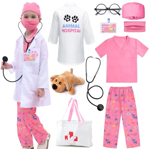 Tacobear Disfraz de Medico Niños Disfraz Doctor Niños con Bata Medico Perro de Juguete Veterinario Roles Disfraz de Medico para Cumpleaños Fiesta Carnaval (Rosa, 110)