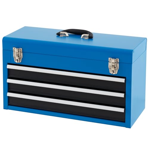 TANGZON 3 Drawer Tool Chest, Lockable Metal Tool Box with Double Latch System, Ball Bearing Slides, EVA Liners & Carrying Handle, Portable Toolbox Tool Storage Cabinet, 52 x 22 x 31cm (Blue + Black)