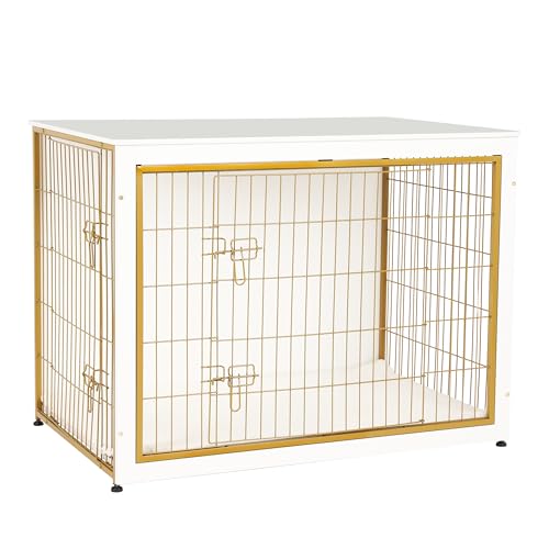 DWANTON Dog Crate Furniture with Cushion, XL, White+Gold