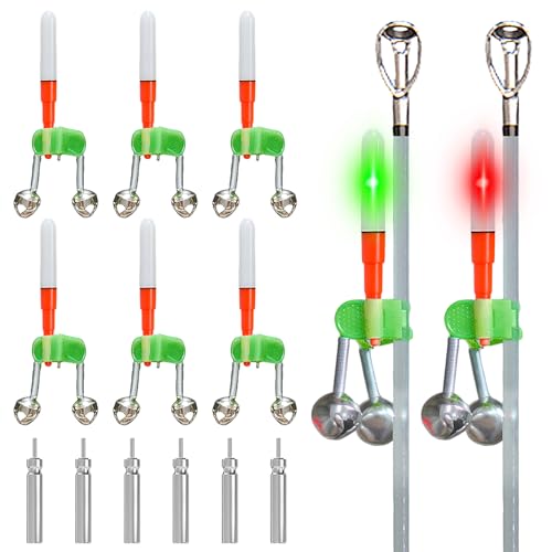 LED Night Fishing Rod Bait Flashing Alarm Bell Light with Dual Bells, Battery Included, Fishing Bite Indicator Fishing Strike Alert LED Glow Stick Bite Alarm Fishing Bells clips with LED (6 Red)