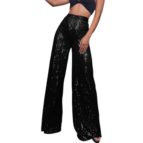 Womens Wide Leg Pants Elastic High Waist Sequin Sparkly Dance Pants Baggy Summer Fashion Baggy Palazzo Stretch Trousers Black