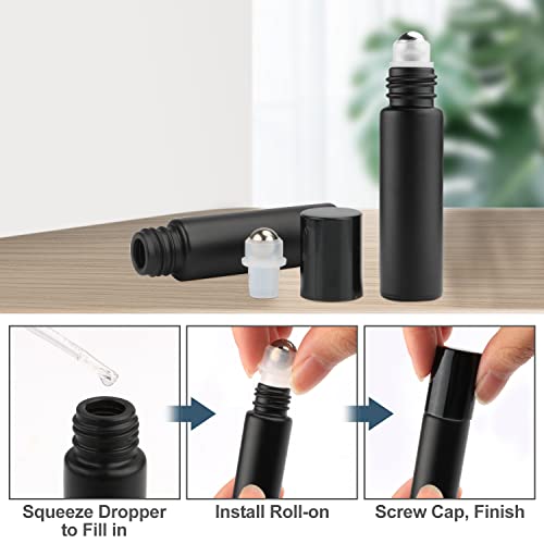 12 Pack 10ml Glass Roller Bottles Black Frosted Roll On Bottles Essential Oil Roller Bottles Perfume Sample Bottles Cosmetic Containers With Stainless Steel Roller Balls Opener&Dropper included3