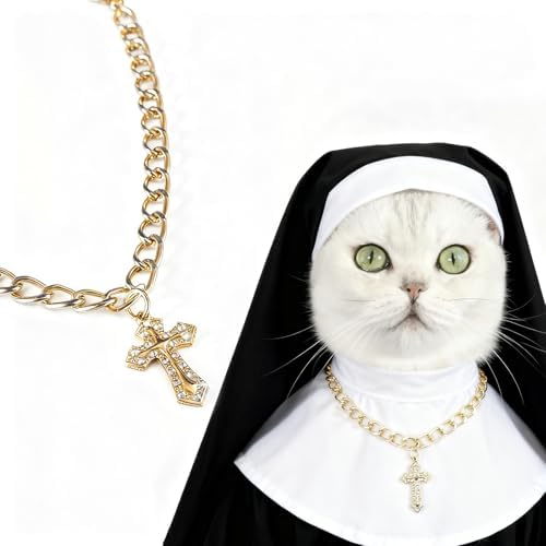 Gold Cats and Dogs Chain Diamond Crysta Cross Sign Pendant Collar Walking Metal Chain Necklace Pet Cuban Style Collar Jewelry Accessories (Bring Jewelry Box) (XS) image 5