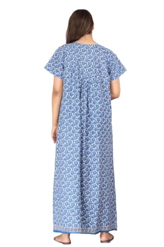 Image of Kuruti B Sheets Cotton Nighty for Women Jaipuri Print 2 Button Round Neck Short Sleeve Night Gown | Maxi Dress