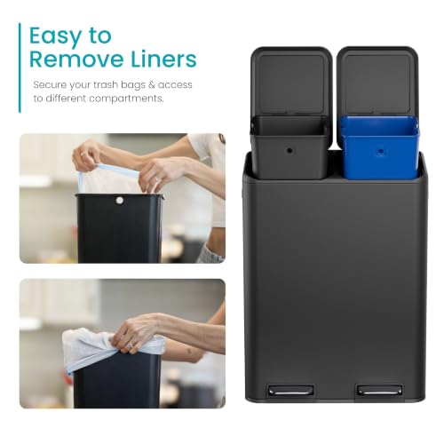 Image of Home Zone Living 16 Gallon Kitchen Trash Can with Dual Compartments for Recycling, Stainless Steel, Matte Black, 60 Liters Total