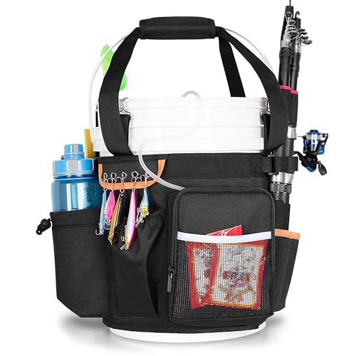GOBUROS Fishing Bucket Organizer for 5 Gallon Bucket, Fish Bucket Caddy with Adjustable Buckle, Rod and Plier Holder and Multi-Pockets for Fishing Gear (Bucket not Included)