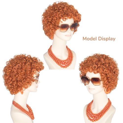 yan dream women short curly red brown wig and glasses orange chunky jewelry set party cosplay wig