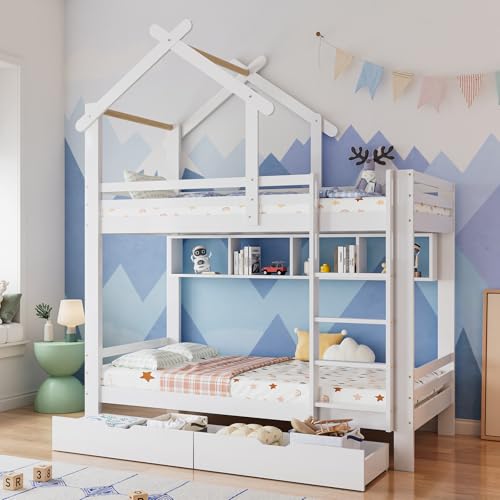 Yihomfy Lit superposé Enfant, 90 x 200 cm, avec Porte de sécurité, fenêtre, Deux tiroirs sur Roues et escalier avec Quatre salles de Stockage. Bois Blanc et Naturel....