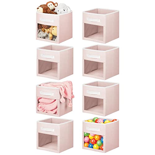 Image of mDesign Fabric Nursery/Playroom Closet Storage Organizer Bin Box with Front Handle/Window for Cube Furniture Shelving Units, Hold Toys, Clothes, Diapers, Bibs, Jane Collection, 8 Pack - Pink/White