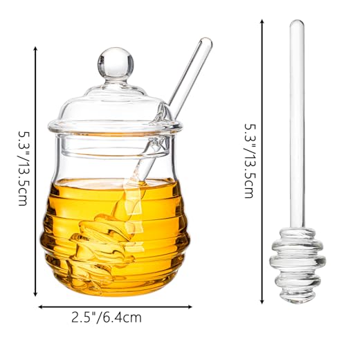Lawei Glass Honey Jar with Dipper and Lid, 10 OZ Heat-Resistant Bee Hives Honey Pot, Clear Glass Honey Container for Store Honey and Syrup, Home and Kitchen, Easy to Clean, Dishwasher Safe