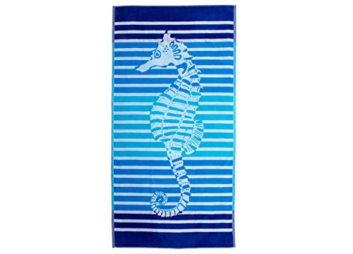 BIANCHERIAWEB Telo Mare Jacquard Spugna Asciugamano Spiaggia Disegno Cavalluccio Telo Mare Blu