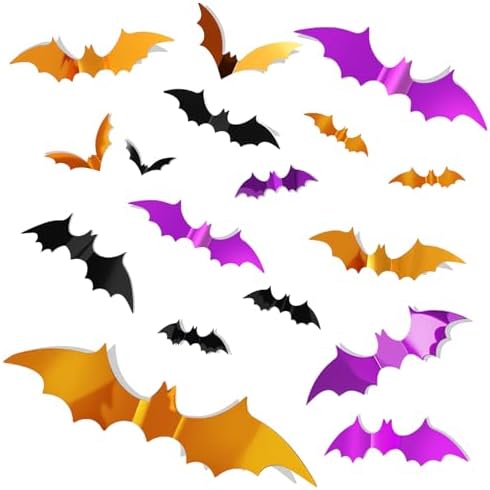 78PCS Bats Halloween Decorations, Realistic 3D Bat Wall Decor, Black Orange Purple Bat Stickers, DIY Bats Wall Decal for Home Indoor Party Window Bathroom Decor