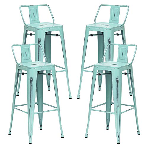 Alunaune 24 Metal Bar Stools Set of 4 Industrial Counter Height Stools Kitchen Bar Chairs Indoor Outdoor Counter Stool-Low Back, Distressed Blue