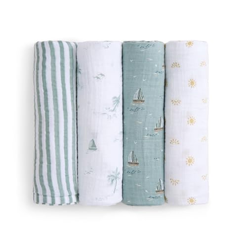 Image of aden + anais Boutique Organic Swaddle Blanket 4-Pack - 100% Organic Cotton Muslin, Large, Soft, Breathable Receiving Blankets for Infants - Lightweight Multi-Use Baby Swaddles, Sailing Seas
