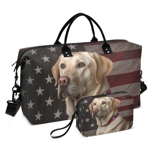 Large Travel Duffel Bag, American and Labrador Sports Tote Gym Bag, Shoulder Weekender Overnight Bag for Women Men, Carry On Luggage with Toiletry Bags