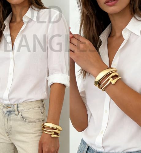 Image of Chunky Gold Bangle Bracelets for Women, Dainty 14k Gold Plated Big Stackable Bangles Set, Trendy Statement Cuff Bracelet Stack Fashion Jewelry Gifts