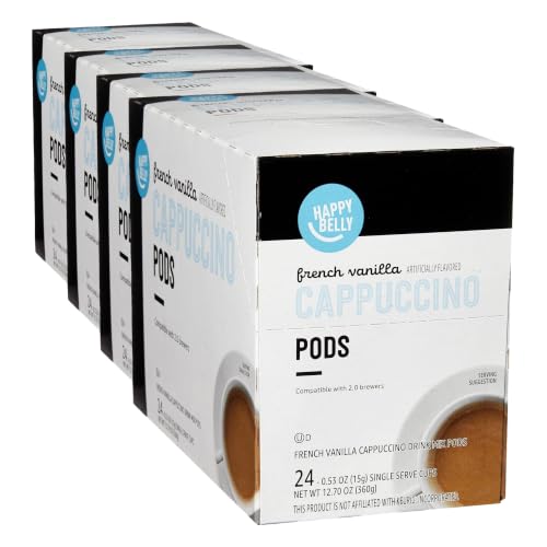 Happy Belly Cappuccino Coffee Pods Light Roast Compatible with 2.0 K-Cup Brewers, French Vanilla Flavored, 12.7 Ounce, 24 Count (Pack of 4)