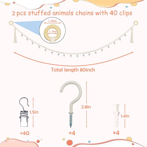 Image of 80 inch 2 Pack Cotton Hanging Storage Chain for Stuffed Animals Storage with 40 Metal Clips Stuffed Animal Organizer Chain for Wall Corner Nursery Play Room