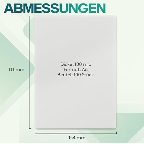 ACROPAQ Laminierfolien A6 - Pack mit 100 Laminierfolien, 2x100 (200) Mikron, Glänzende Oberfläche, Vorge­runde­te Ecken - Folierfolien, Laminiertaschen