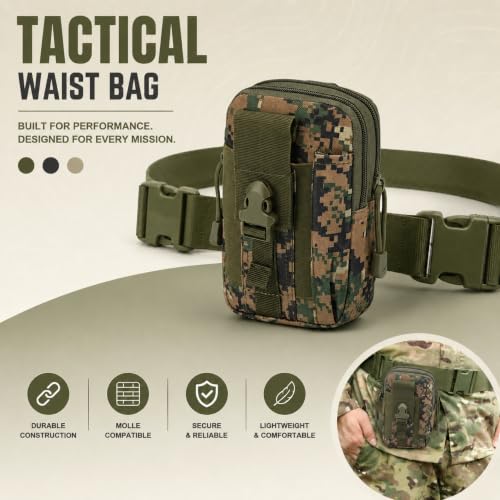 Image of Kraptick Tactical Waist Pouch MOLLE Belt Bag for Men - Heavy Duty Water Resistant EDC Utility Gadget Pouch Small Military Travel Waist Pack with Mobile Phone Holder for Hiking Camping (Green)